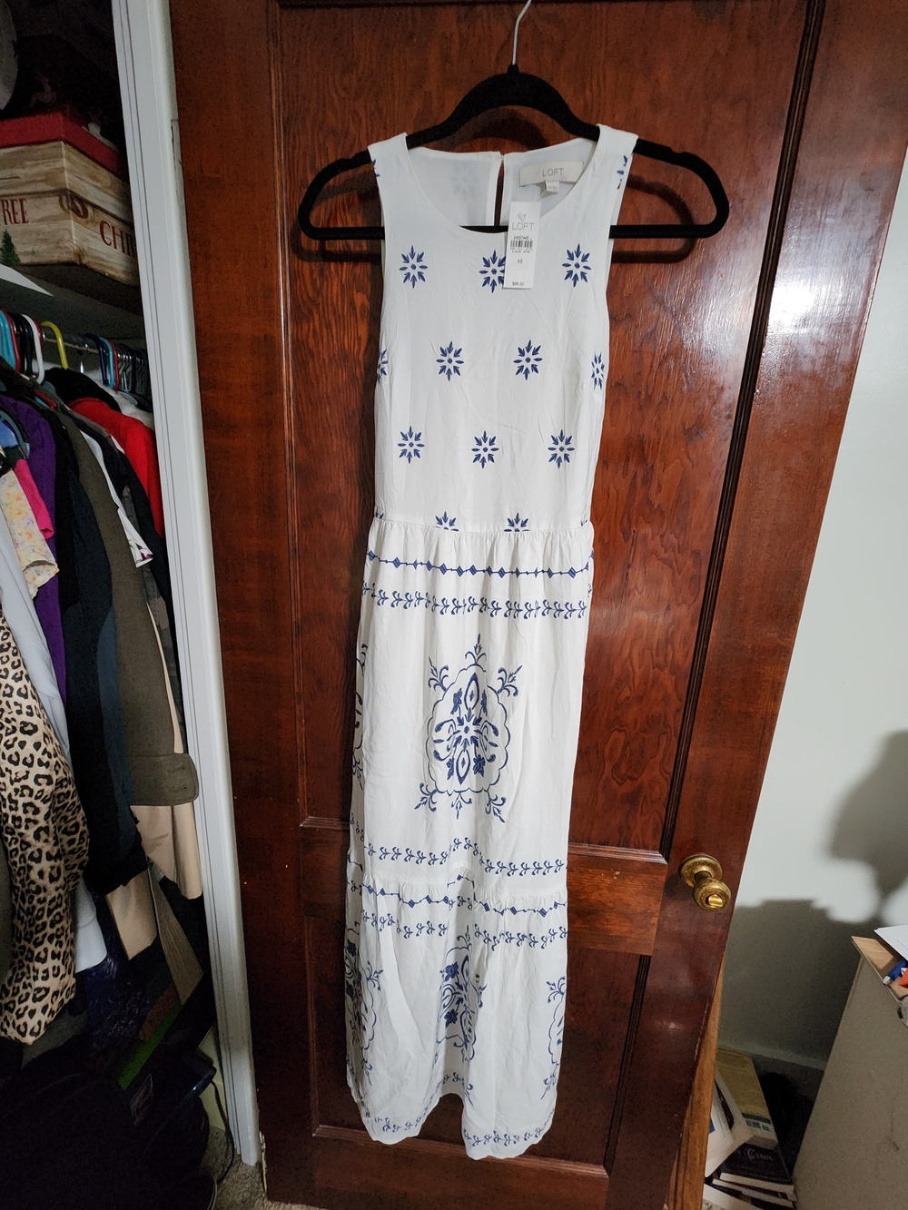 LOFT White Blue Mosaic Embroidered Tiered Maxi Dress NWT XS